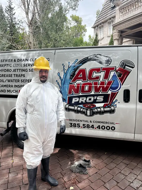 Técnico de Act Now Pros junto a un acceso de servicio exterior abierto