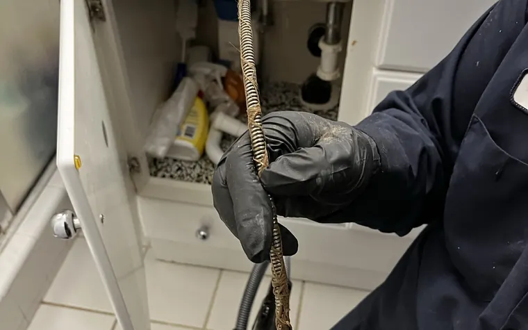 Técnico destapando una línea de drenaje de baño obstruida